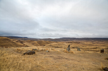Zorats Karer (Carahunge) a complex of vertically standing basalt stones standing on a mountain...