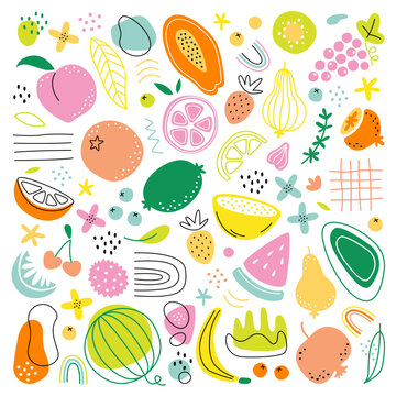 Abstract hand drawn fruit with spots flat icons set. Drawing food design ornaments. Creative paintings of melon
