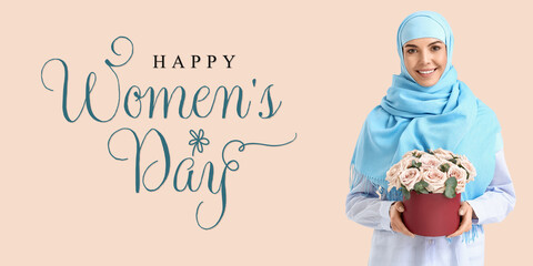 Beautiful Muslim woman with flowers on white background. International Women's Day celebration