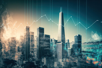 Fototapeta na wymiar Background, study, and analytics concept of multiple exposure of virtual creative financial chart hologram on San Francisco buildings. Generative AI