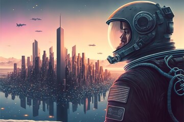 An astronaut looks at a thriving city of the future