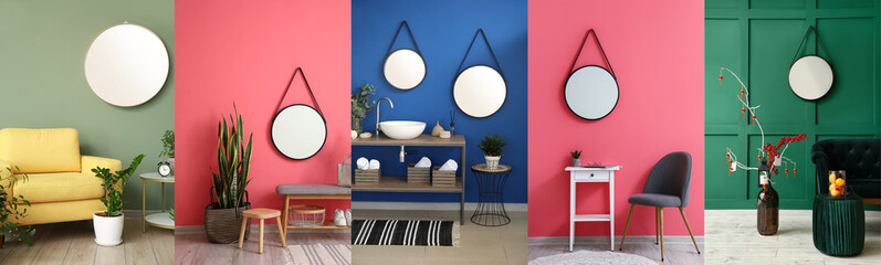 Collage of stylish interiors with round mirrors hanging on color walls
