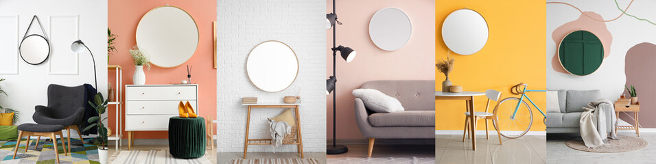 Set of stylish interiors with round mirrors hanging on walls