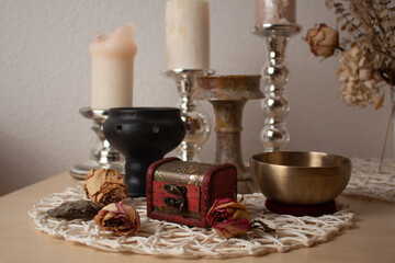 Spiritual altar, natural stones, , flower