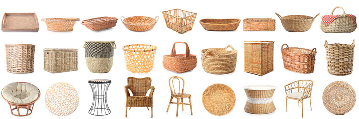 Collage of stylish rattan baskets and furniture on white background