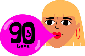 The girl inflates the gum and there is a handwritten text 90s love in it. Vintage badge, sticker. Vector retro illustration