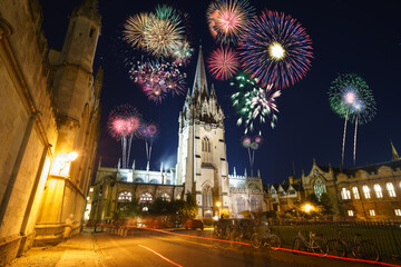 Fototapeta premium Fireworks display near St. Mary's church in Oxford. England