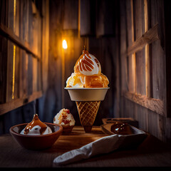 Ice cream sundae with caramel sauce in a cabin generative ai 