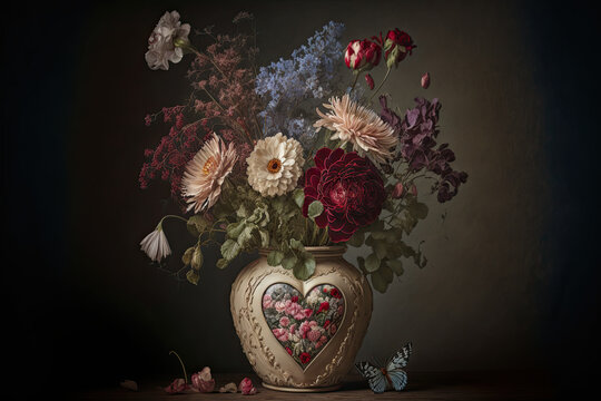 Happy Valentine's Day banner, Flowers in a heart shaped vase made of ceramic vase, renaissance painting style