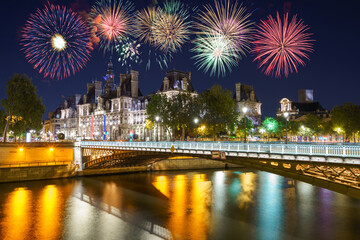 Fototapeta na wymiar City hall of Paris with fireworks display. France