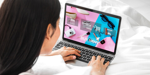 Portrait of woman relax use technology of laptop computer for fashion online shopping.Young girl enjoy shopping time summer sale and buy something purchases at cafe.online shopping concept