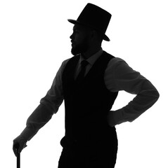 Silhouette of male magician with stick on white background