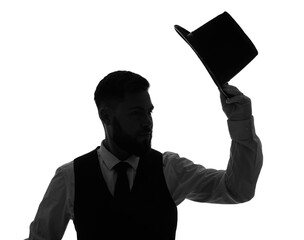 Silhouette of male magician with hat on white background