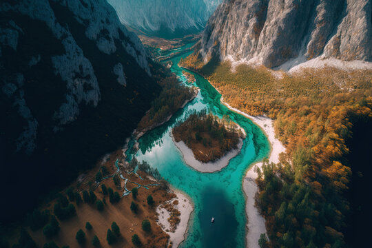 aerial view of Albania's Valbona Valley National Park with its glistening waters. Generative AI