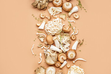 Composition with different fresh mushrooms and thyme on color background