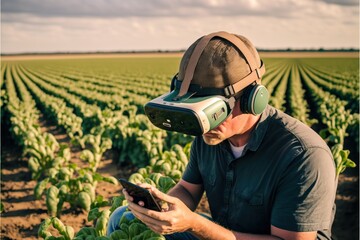 Farmer using a virtual reality headset to plan crop related activities, concept of using new technology in agriculture,, created with Generative AI technology
