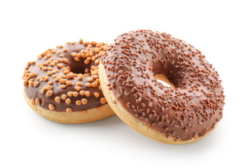 Sweet chocolate donuts on white background