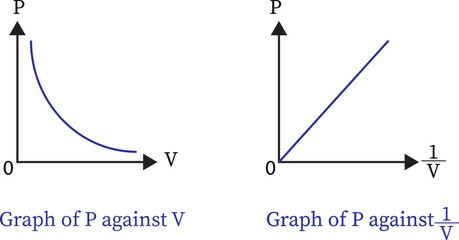 Straight line is obtained when the pressure exerted by the gas (P) is taken on the Y axis and the inverse of the volume occupied by the gas (1divided by V) is taken on the X axis.vector image