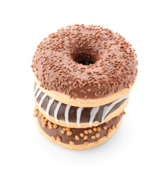 Stack of sweet donuts on white background