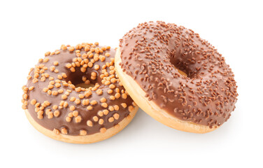 Sweet chocolate donuts on white background