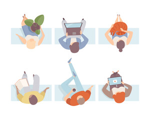 View from above of people sitting on chairs set. Sitting men and women reading book, relaxing, drinking coffee, using digital devices flat vector illustration