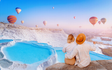 Concept Travel tourist background Pamukkale Turkey. Lover couple watching Hot air balloon flying...