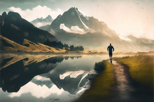Rear view of a man jogging in a beautiful landscape, created with Generative AI technology