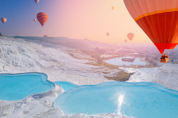 Concept Travel Pamukkale Turkey. Hot air balloon flying Travertine pool and terraces sunset - Powered by Adobe