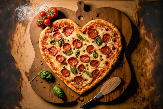Overhead of Heart Shaped Valentine's Day Pepperoni Pizza on Wood Cutting Board with Basil Leaves and Tomatoes - Generative AI.