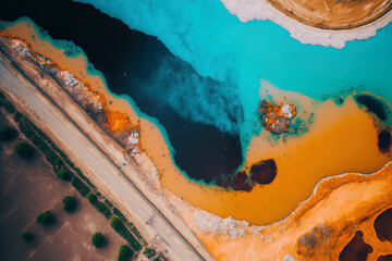 Fototapeta premium The river receives the emission of dangerous substances. overhead picture of industrial waste water. The river is drained of sewage. environmental deterioration calamity and ecological catastrophe. Co