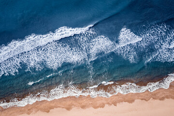 Naklejka na ściany i meble Beautiful sand beach and blue sea, travel Turkey, aerial top view from drone