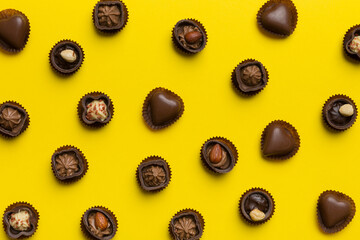 Different kinds of chocolates on colored table close-up. Top View and Flat Lay
