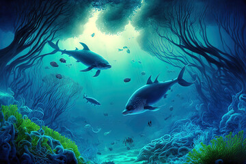 Blue idyll natural scene in the underwater realm of the ocean. Generative AI