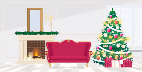 Beautiful cozy living room decorated for Christmas with couch and christmas tree toned with viva magenta color