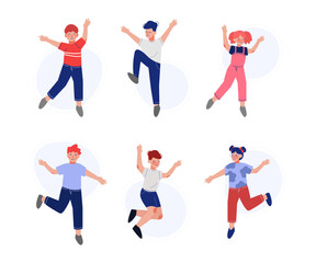 Fototapeta na wymiar Happy boys and girls jumping with raising hands set. Joyful children having fun or celebrating success cartoon vector illustration