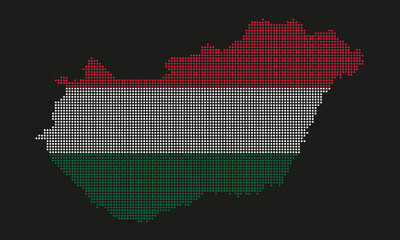 Obraz premium Hungary map flag with grunge texture in mosaic dot style. Abstract pixel vector illustration of a country map with halftone effect for infographic.&nbsp;