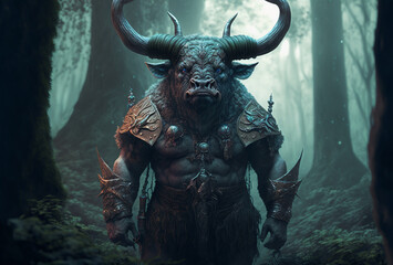 The Minotaur is a Cretan monster with the body of a man and the head of a bull, who lived in the Labyrinth and was killed by Theseus. - obrazy, fototapety, plakaty