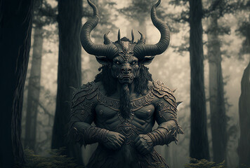 Fototapeta na wymiar The Minotaur (Minos the Bull) is a Cretan monster with the body of a man and the head of a bull, who lived in the Labyrinth and was killed by Theseus.