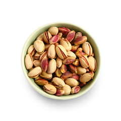 Bowl with tasty pistachio nuts isolated on white background