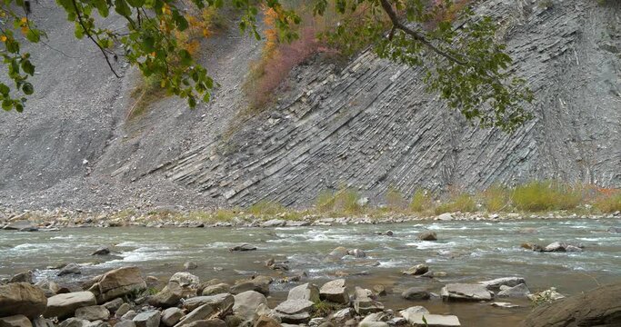 Geological mountain folds in Yaremche city, Ukraine, known as Yaremche folds - biggest outcrop of Stryi formation in Europe.Here rocks of this formation are folded and faulted, gothic or chevron types