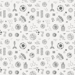 Vector seamless pattern on theme of chemistry, biology, medicine, genetics. Black and white illustration with drawings and sketches in retro style. Suitable for wallpaper, wrapping paper, fabric