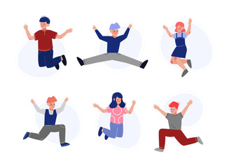 Fototapeta na wymiar Happy boys and girls jumping with raising hands set. Joyful children having fun cartoon vector illustration