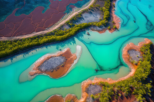 Aerial view of Broome's Willie Creek and its lovely tidal streams in Western Australia's Kimberley region. Generative AI