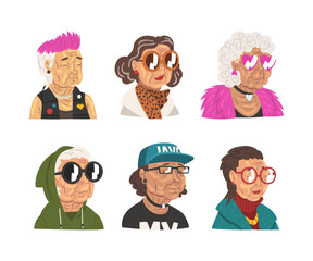 Elderly people in fashion outfit set. Happy positive active stylish senior men and women characters cartoon vector illustration