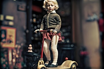 Beautiful realistic ancient blonde doll with a pretty face on kick scooter in antique shop elegant old collector toy with cardigan with buttons black shoes on a scooter with wheels and red handlebar 