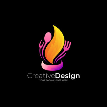Abstract fire logo restaurant, cutlery icon and fire design combination