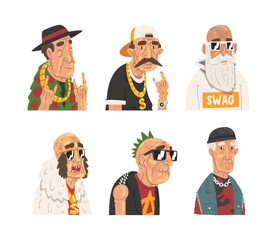 Set of different elderly people in trendy outfit set. Happy positive active stylish senior men and women characters cartoon vector illustration