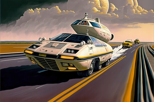 Spaceship chasing car, futuristic scene