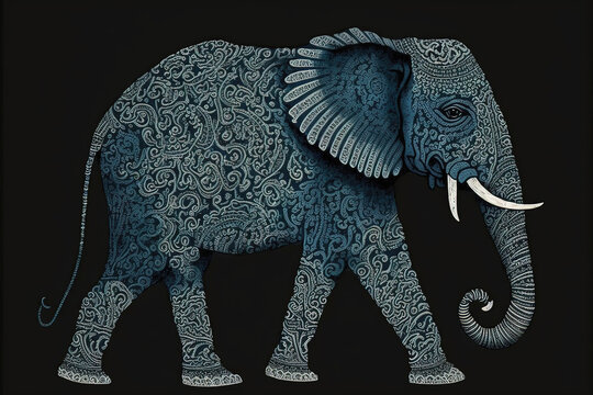 Asian ethnic elephant pattern painting on black background. Generative AI