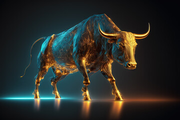 The golden bull is a symbol of financial growth in a technological style on a black and blue background